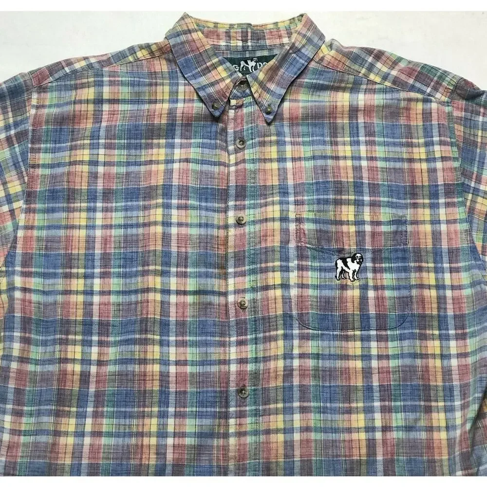 Big Dogs Shirt Men's Medium Blue Red Green Plaids Camp Style Cotton Short Sleeve